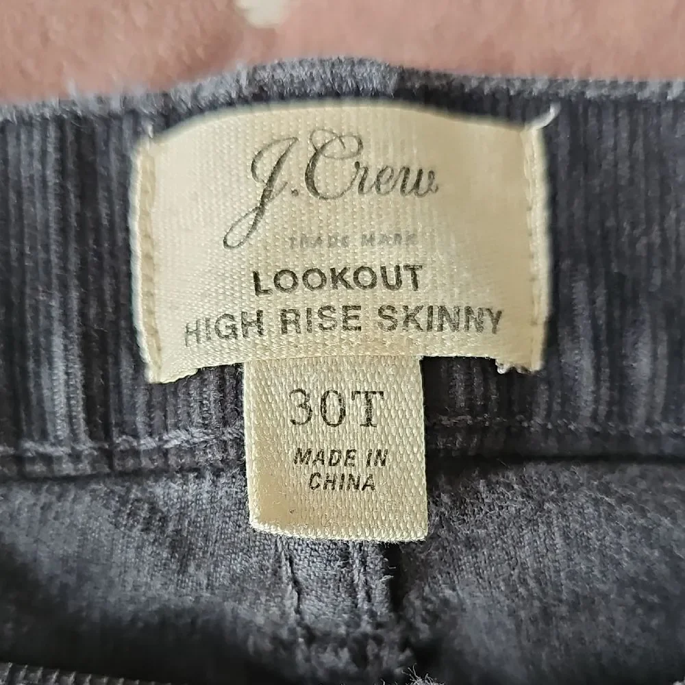 J. Crew High Rise Skinny Corduroy Jeans in Charcoal, Size 30T